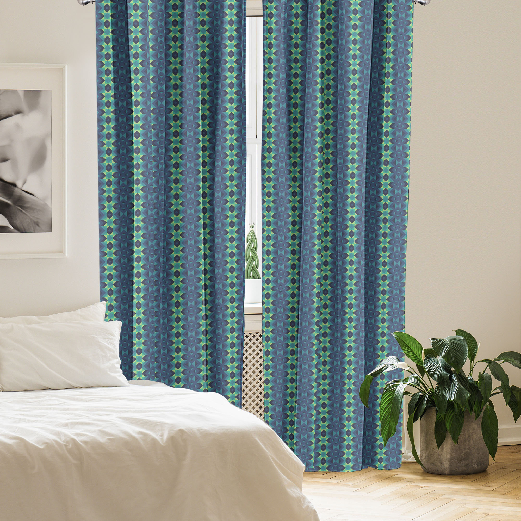 East Urban Home Blue and Green 4-Panel Curtains, Geometric Zigzag, Pale