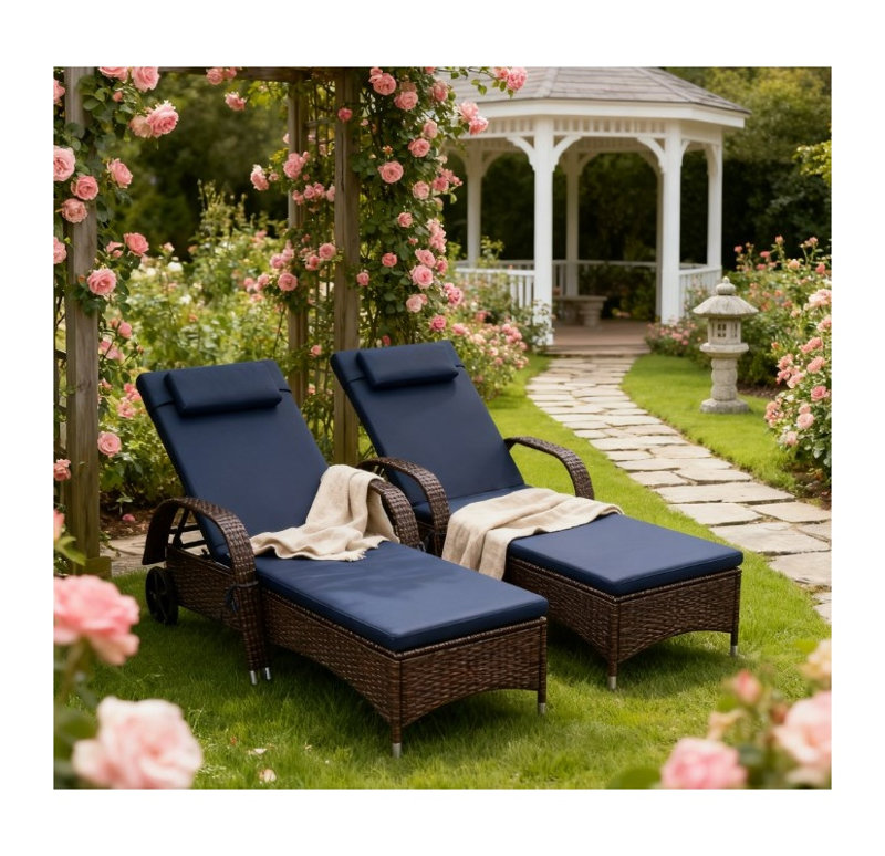 Ensemble de 2 chaises longues inclinables roulantes avec rotin en PE et structure en fer
