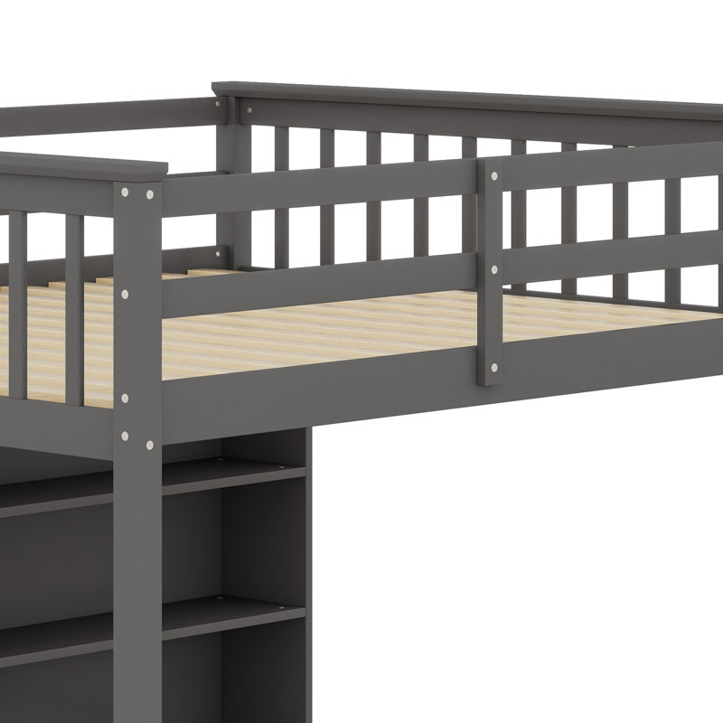 Solid Wood Loft Bed With 8 Open Storage Shelves, Built-In Ladder, Gray