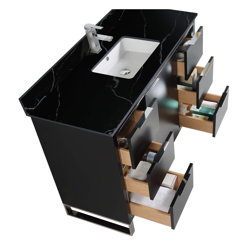Meuble-lavabo sur pied simple avec plateau en pierre 48 po Gerzon, Noir mat, Chrome