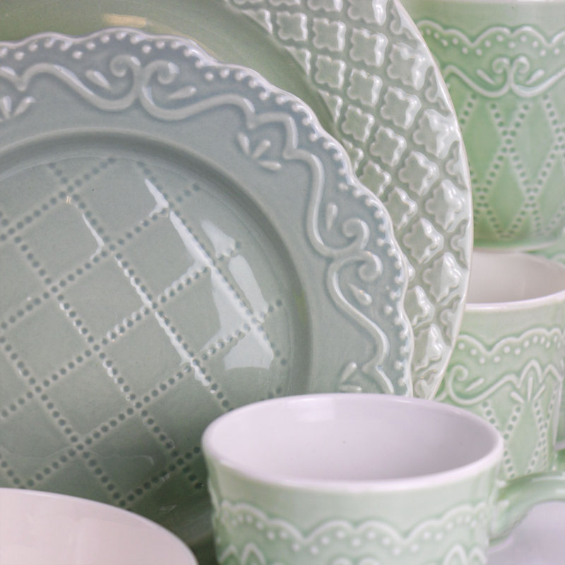 Gibson Home Quilted Eyelet 16 Piece Round Fine Ceramic Dinnerware Set, Light Grey