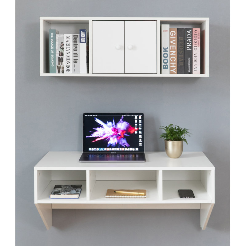 Bureau flottant brun clair avec rehausse, Blanc