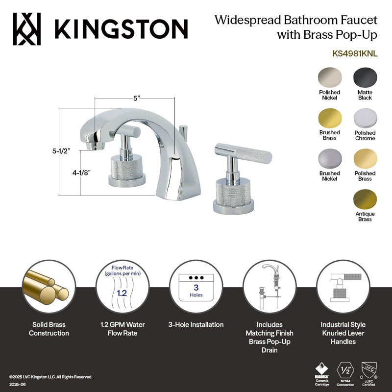 Kingston Brass Convergent Two-Handle 3-Hole Deck Mount Widespread Bathroom Faucet with Knurled Handle and Brass Pop-Up Drain