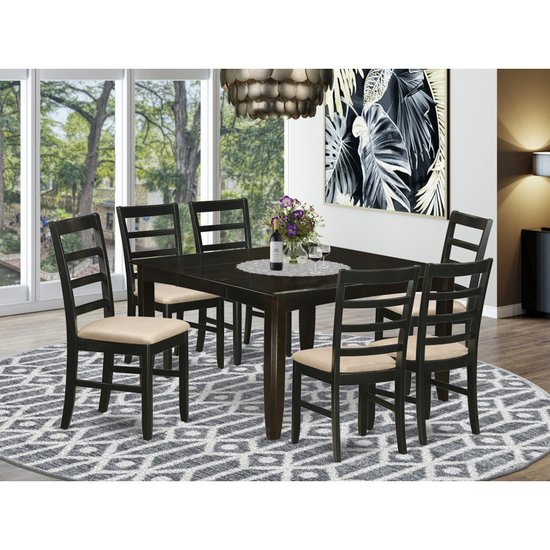 Ensemble de table de salle à manger 7 pièces moderne composé d'une table carrée en bois avec feuille papillon et 6 chaises de salle à manger en lin, cappuccino