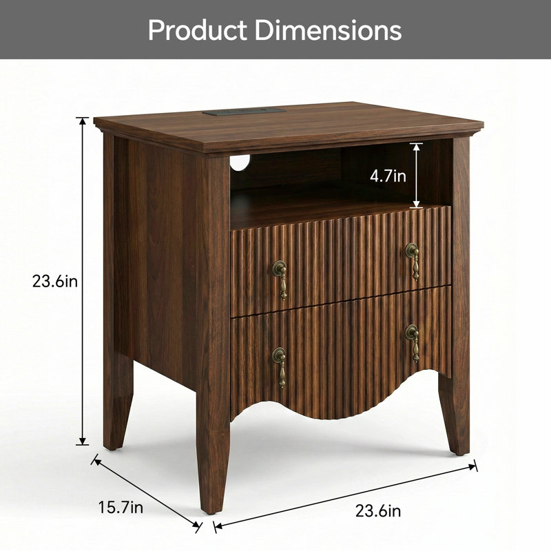 Avenall Nightstand With Charging Station, Vintage Bedside Table With 2 Fluted Drawers And Open Shelf, Rustic End Table With Power Outlet And Usb Ports For Bedroom, Walnut