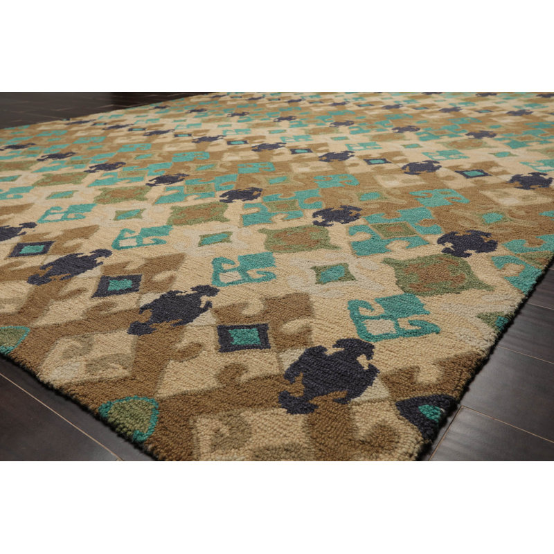 Tapis beige / brun / turquoise en laine touffeté à la main à motif géométrique Williamstown, Rectangle 10 pi x 13 pi