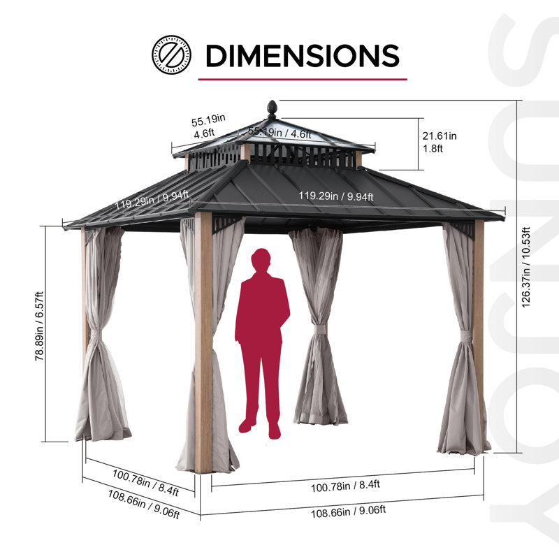 Pavillon de jardin à toit rigide en acier et en PC avec rideau et filet SUNJoy Kingston 10 x 10 - Poteaux en aluminium à grain de bois