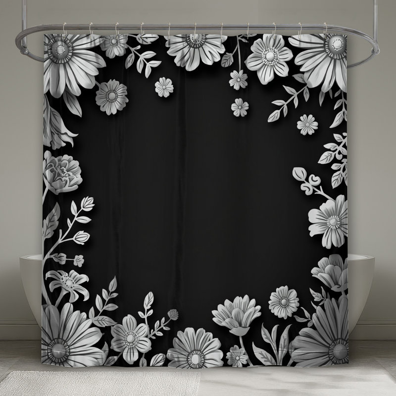 Rideaux de douche noirs à bordure florale très longs, L 70 po x H 72 po