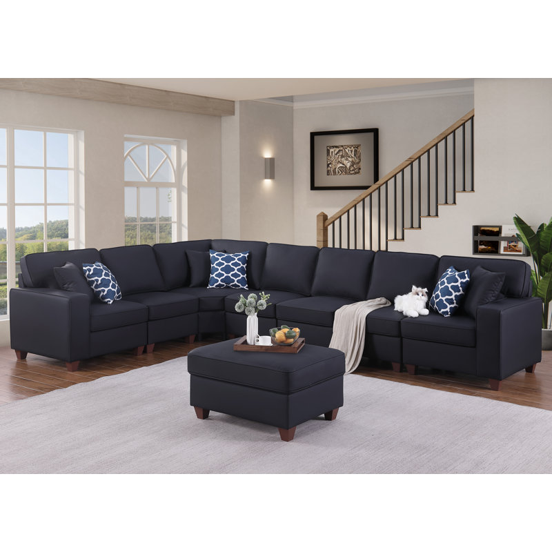 Canapé modulaire en cuir artificiel avec repose-pieds Shayle, Similicuir noir, H 35 po x l 151,25 po x P 33,25 po