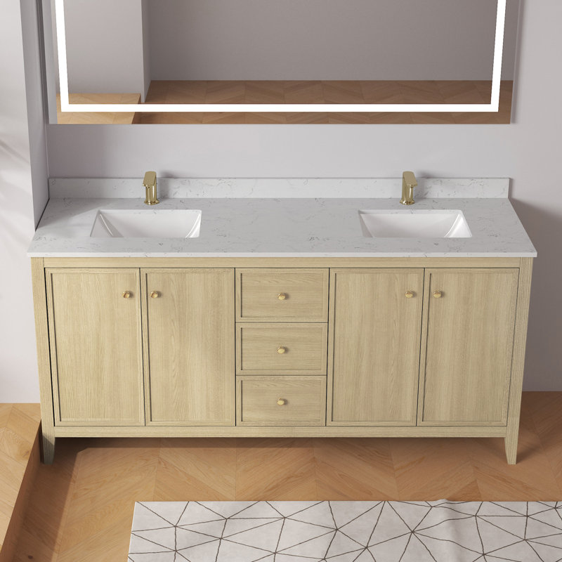 Meuble-lavabo double 72 po Aura avec plateau et dosseret en marbre d'ingénierie Aura, 72"