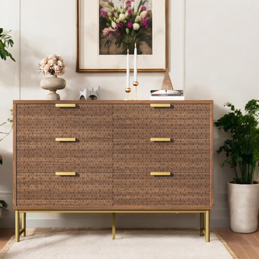 Walnut Embossed Design Sideboard With 6 Drawers Cabinet Dresser, Anti-Tip