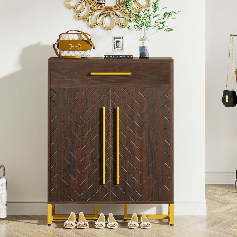 Armoire à chaussures 31,5 "en bois noyer et or avec portes
