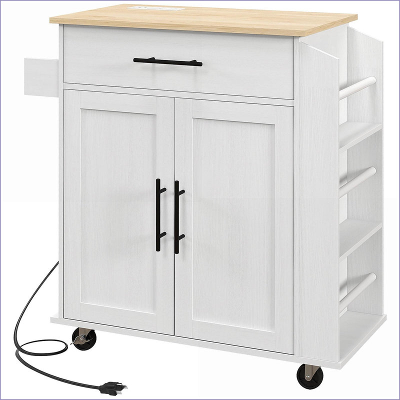 Kitchen Island Cart with Storage, AC Outlets, USB Ports, Microwave Stand | Snow White | MDF, White