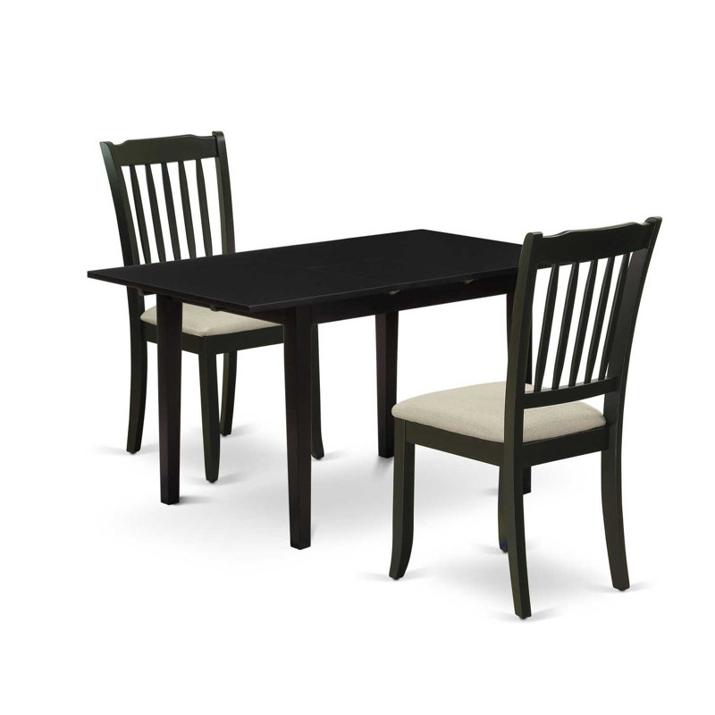 3-Piece Rectangular Solid Wood Top With Butterfly Leaf Dining Table Set, Black, Gray/Black