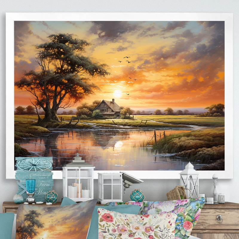«Sunrise Autumn Country Panorama II», reproduction sur toile, Black Picture Framed, 34" H x 44" W