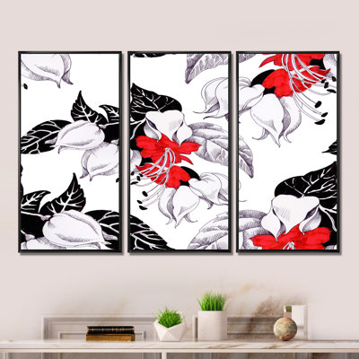 Fleurs rouges et blanches avec feuilles noires I - reproduction de cadre flottant 3 pièces sur toile