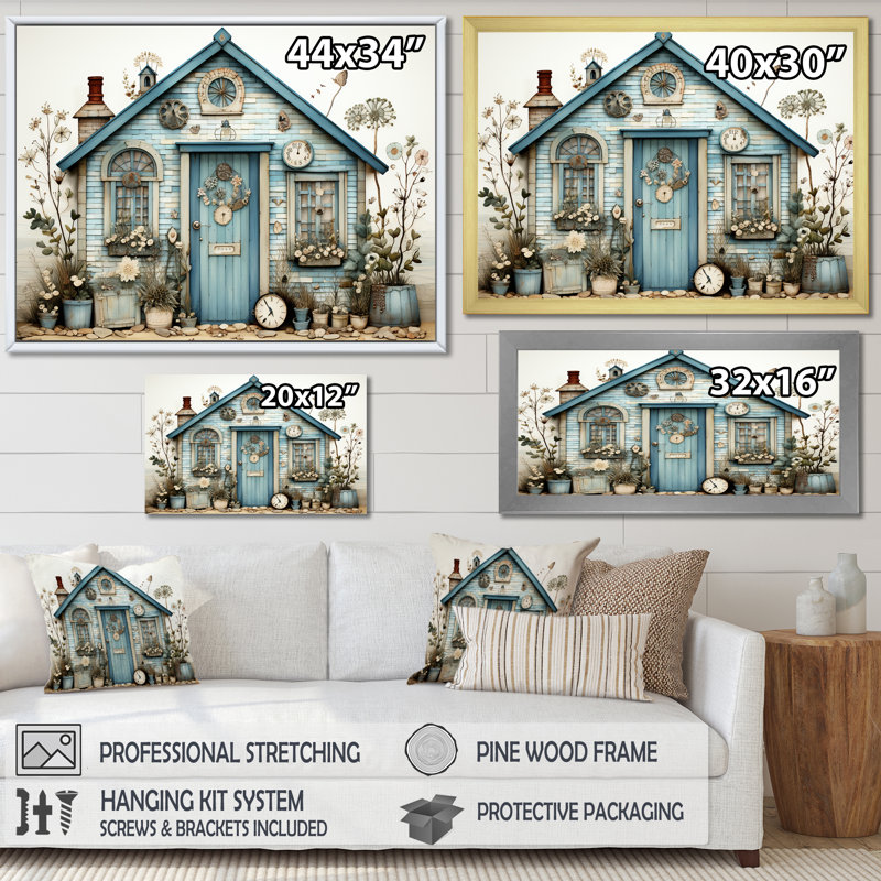 «Blue Beach House Collage Tranquility», art mural sur toile, Cadre d'angle fermé doré, H 20 po x l 12 po x P 1 po
