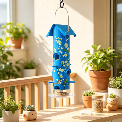 Metal Bird Feeder for Outdoors Hanging, Tube Bird Feeder with Six Feeding Ports, Weatherproof Design Keeps Seed Dry & Fresh, Easy to Clean and Refill, Blue