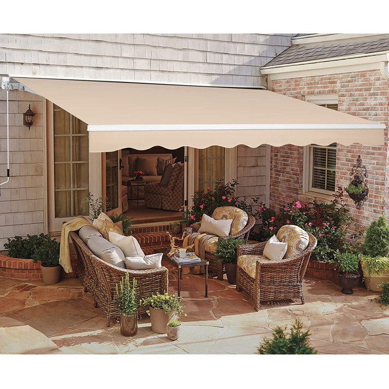 AECOJOY Manual Retraction Slope Patio Awning, Solid Color, 156" W x 96" D, Beige