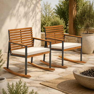 Outsunny Outdoor Rocking Chair Set of 2, Acacia Wood Outdoor Rockers with Armrests, Cushion, Cream White