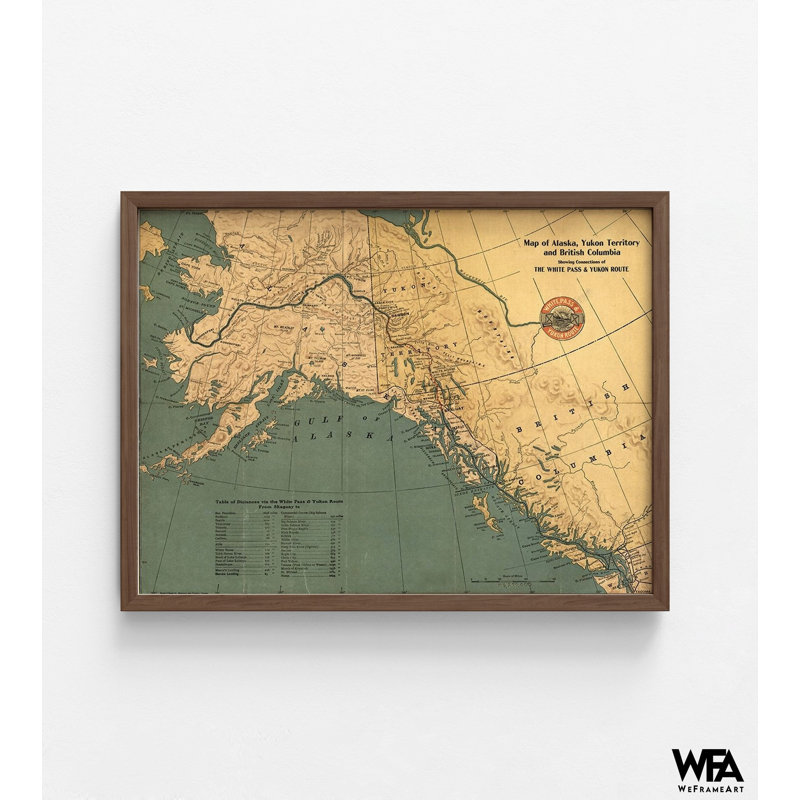 Alaska, territoire du Yukon et Colombie-Britannique, montrant les connexions du col blanc et de la route du Yukon 19, impression de carte ancienne, décor de bureau rustique