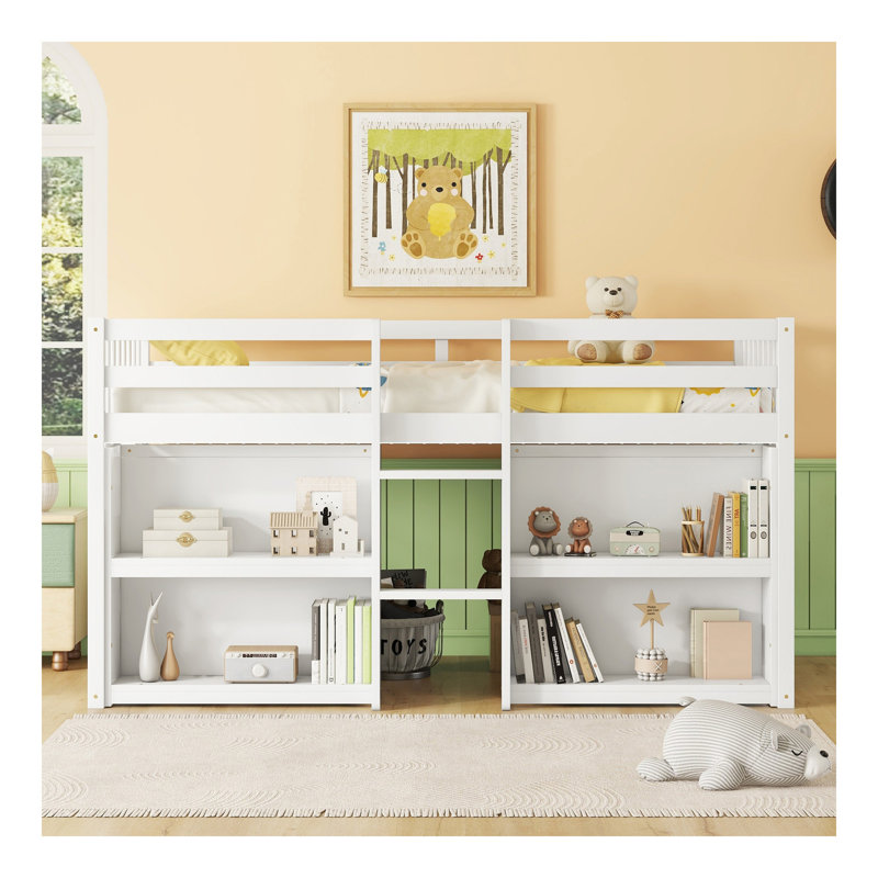 Twin Size Kid Low Loft Bed With Two-Tier Shelves And LED Light For White Colour