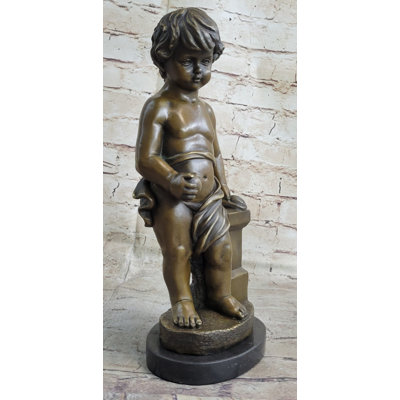 Young Boy Child Cherub Holding Apple Clical Hot Cast Bronze Statue Sculpture Decor
