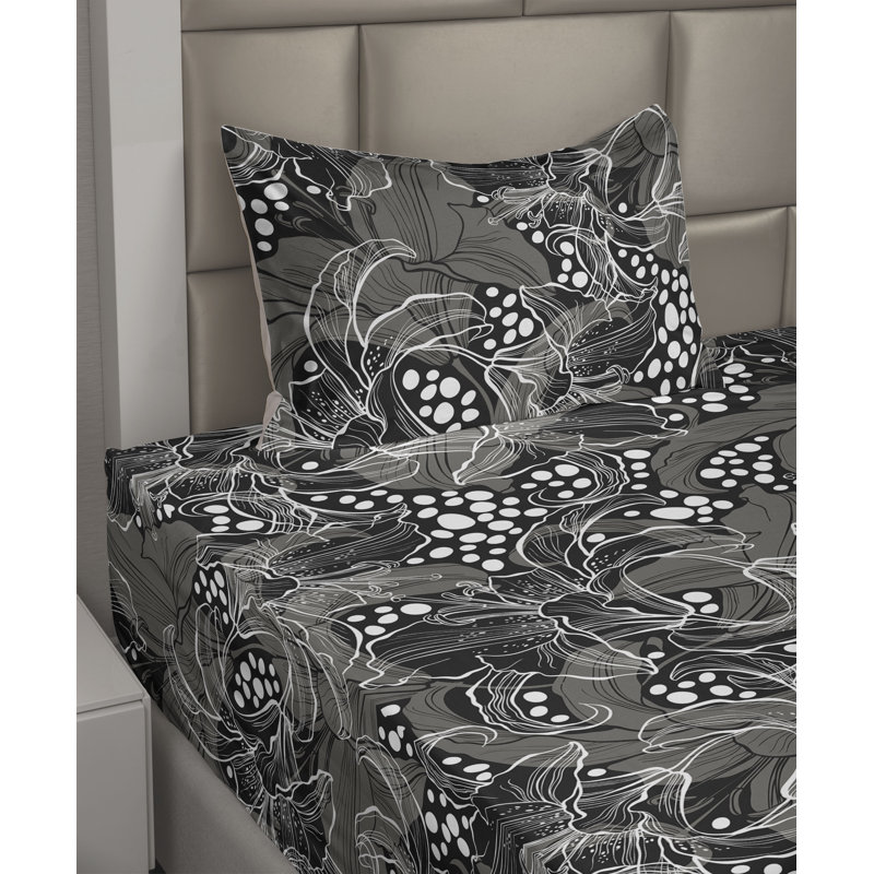 Ambesonne Watercolor Botany Sheet Set 4 Pcs Retro Boho Bloom, Pale Gray Charcoal Gray Floral