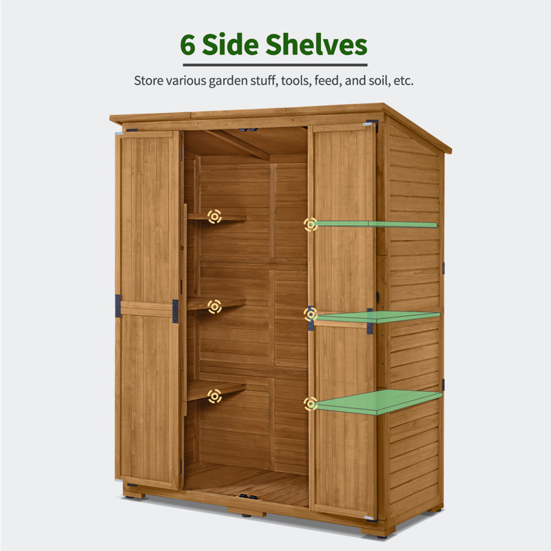 Natural Wood Outdoor Storage Shed with Shelving and Double Doors