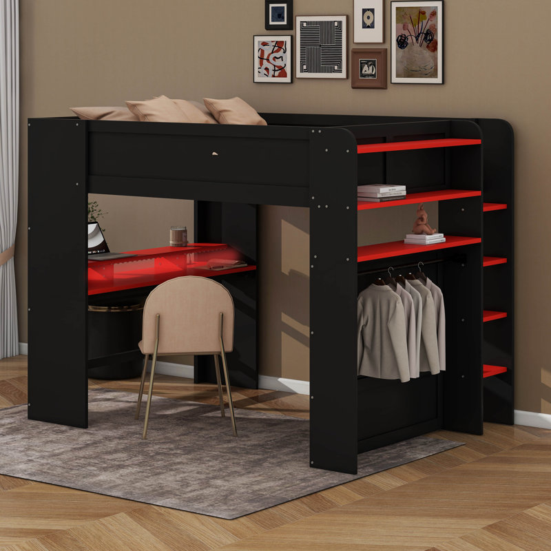 Lit superposé double en bois pleine grandeur avec bureau à hauteur réglable, garde-robe et lumière RVB, Rouge