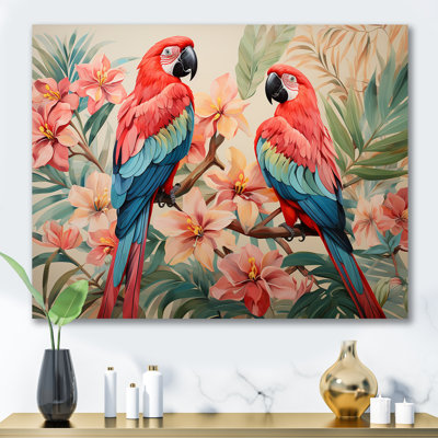 Fleurs tropicales roses et bleues - art mural perroquet