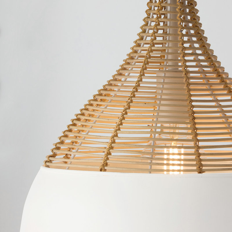 14" W x 13" H 1-Light Boho Pendant in Matte White with Handcrafted Natural Rattan