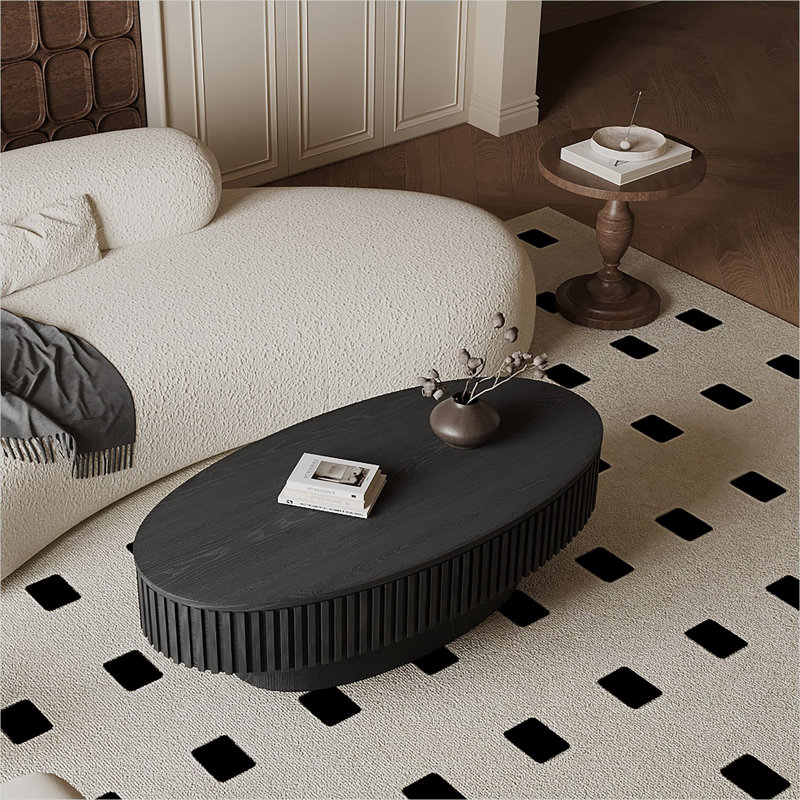 Table basse ovale avec rangement caché, placage de bois massif noir de jais, 47 pouces, décor moderne pour le salon