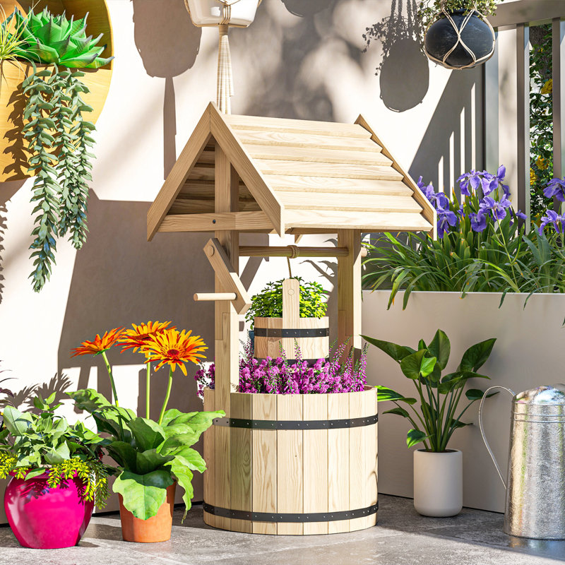 Wishing Well Outdoor Wooden Planter with Hanging Bucket, Natural, Natural Wood