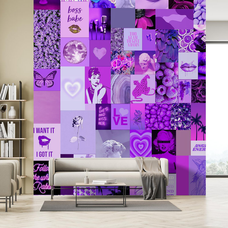 Vibrant mauve, mélange éclectique d'icônes et de graphiques, L 132 po x l 96 po