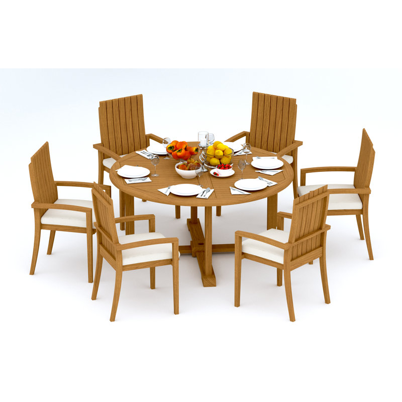 5 Pcs Grade-A Teak Wood Dining Set: 60" Round Table And 4 Goa Stackng Arm Chairs #11GO1204, 6