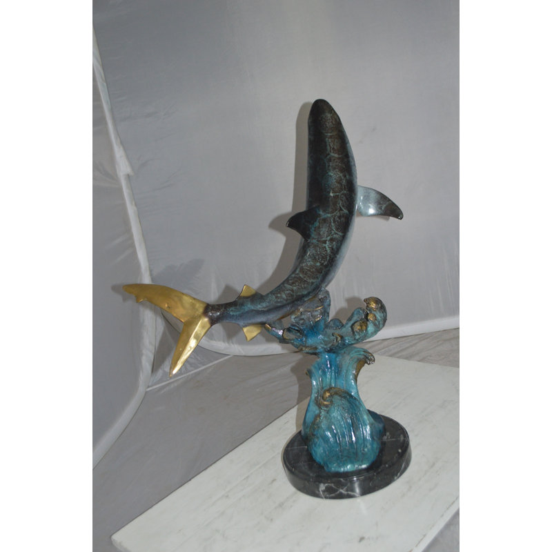 Shark Jumping off the water Bronze Statue -  Size: 14"L x 24"W x 28"H.