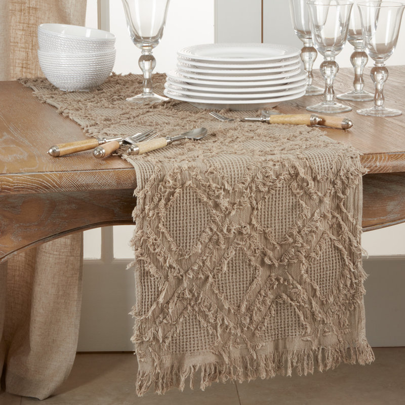 Zosia Geometric 100% Cotton Table Runner, Natural, 16" x 72"