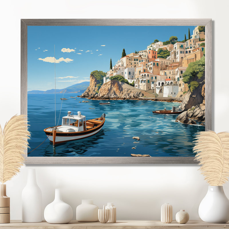 Capri, Italie, bleu, village méditerranéen III - paysage, Italie, décoration murale, Cadre flottant brun