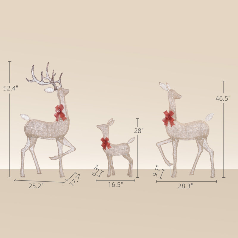 Élégant ensemble de décorations de Noël en forme de renne éclairé doré (mâle, biche, fauve)