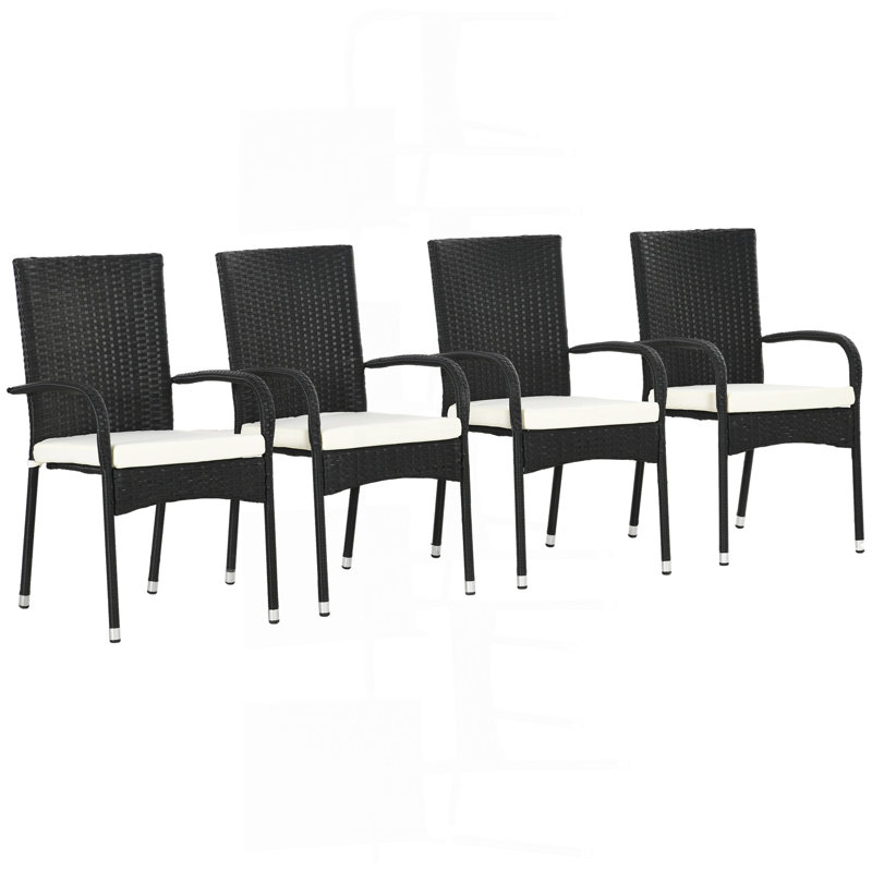 Chaises de salle à manger empilables en rotin avec coussins, ensemble de 4 chaises de patio en osier avec accoudoirs et dossier pour patio, terrasse, blanc crème