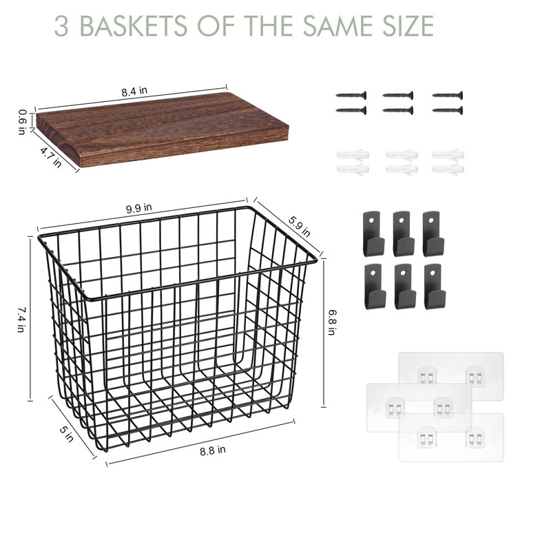 Ensemble de 3 paniers muraux suspendus, grandes paniers en fil de fer de style divers, avec crochets muraux en métal et autocollants sans trace, noir et bois