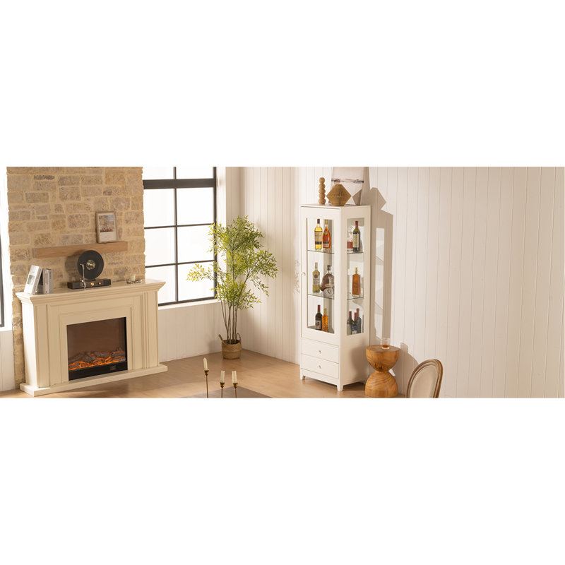 71'' Freestanding Upholstered Display Cabinet, Upholstered Glass Door Cabinet With Ceiling Light,Wine Cabinet With Adjustable Shelves, For Livingroom, Kitchen, Bar & Dining Room - White