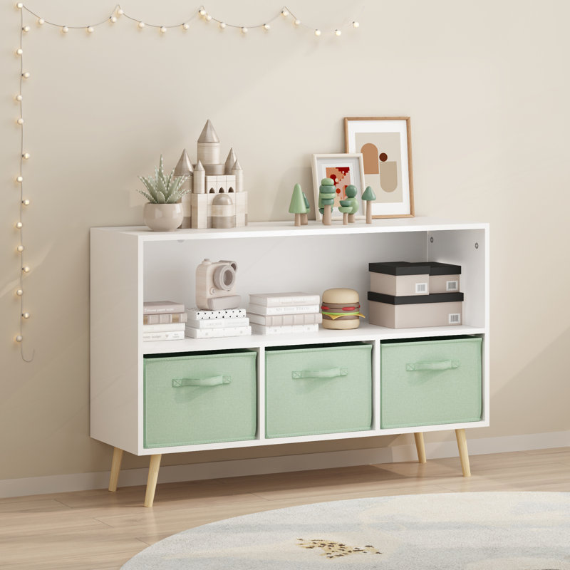 Bookcase with Collapsible Fabric Drawers, Toy Storage Cabinet, White+Green