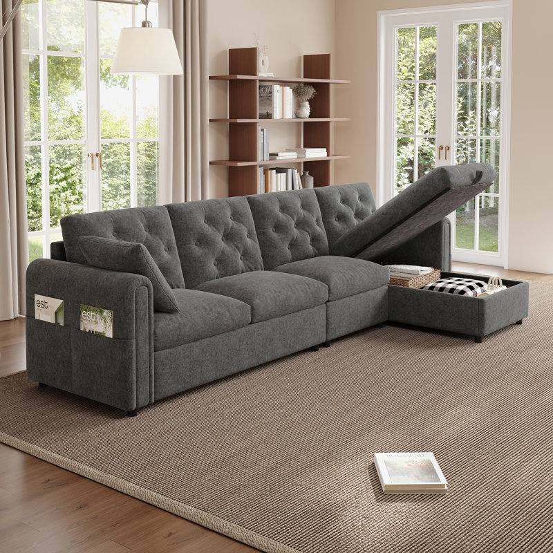 Modern Velvet L-Shaped Sectional Sofa with Reversible Storage Chaise, Tufted Back & Side Pockets, Grey