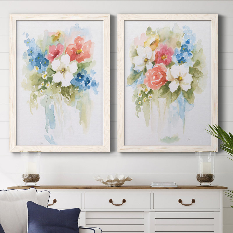 «Spring Medley I», ensemble de 2 reproductions d'art encadrées, Toile blanche encadrée, Pas de tapis