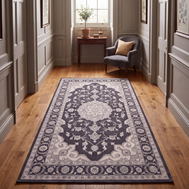 Tapis Poplar2 traditionnel à médaillon délavé, style persan, gris ivoire et beige, lavable à la machine, antidérapant, à poils courts, pour l'intérieur et l'extérieur, adapté aux animaux domestiques, idéal pour le salon, la chambre, la salle à manger, l'entrée, le couloir ou le bureau.