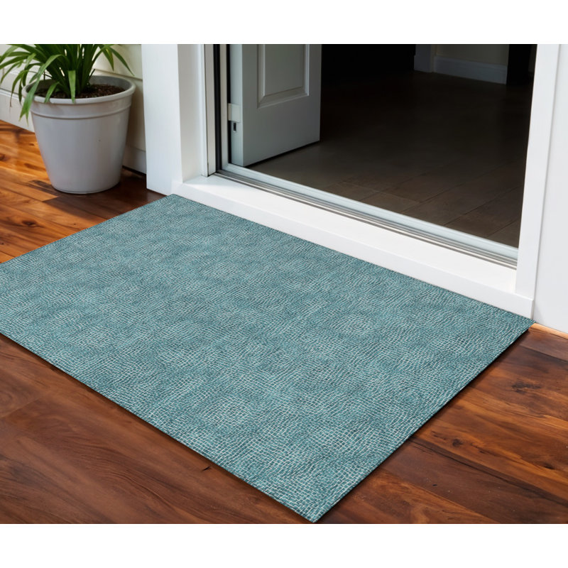 3' X 5' Teal Blue And Ivory Geometric Washable Indoor Outdoor Area Rug