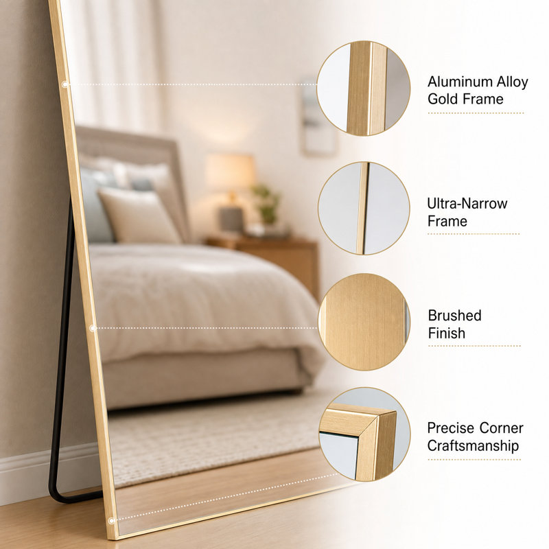 Miroir de plancher pleine longueur en aluminium, Doré