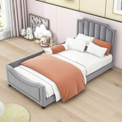 Modern Twin Velvet Upholstered Platform Bed with Classic Stripe Headboard